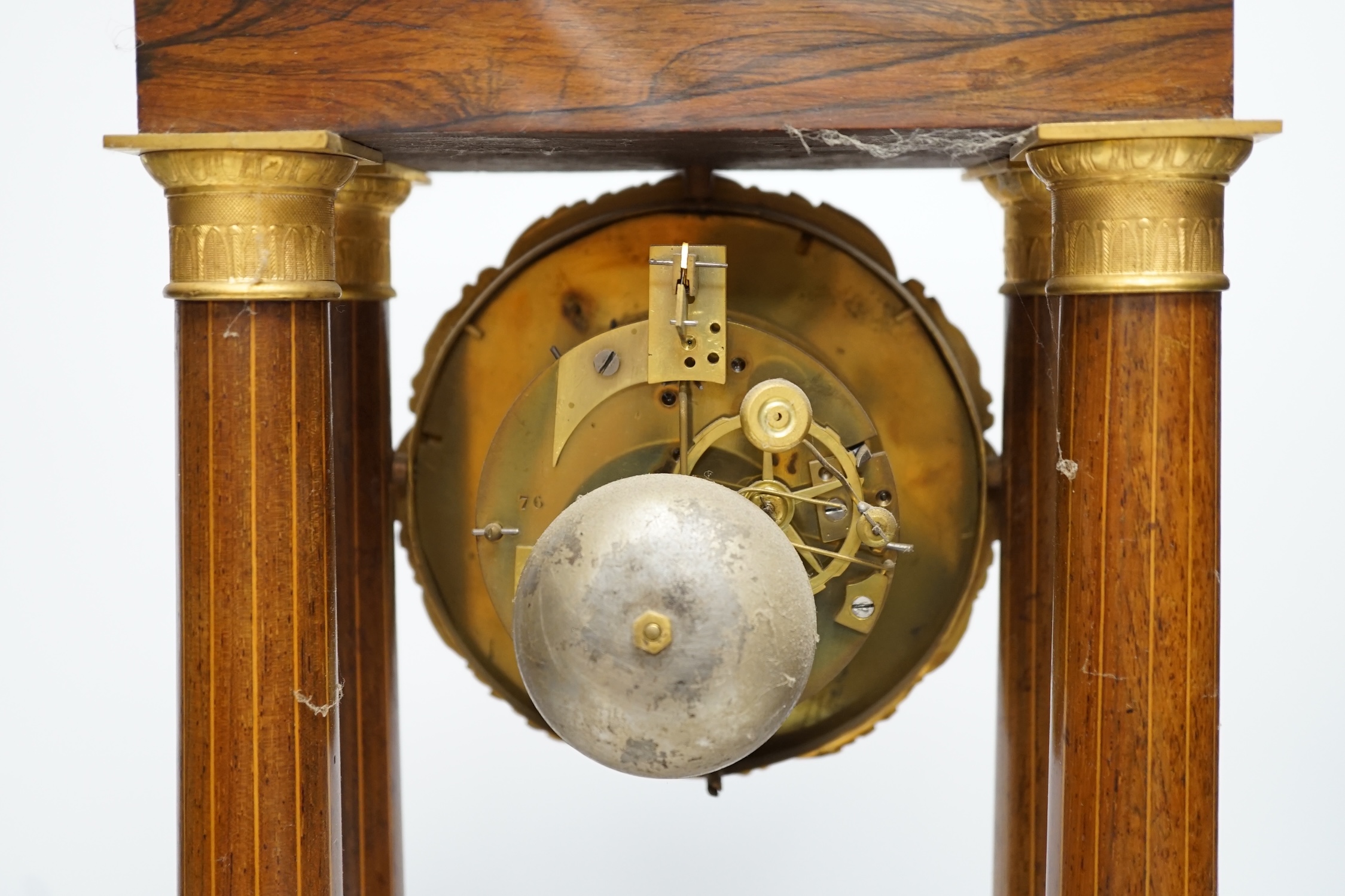 A 19th century French rosewood and marquetry inlaid Portico clock, 46cm high. Condition - good, but untested as working